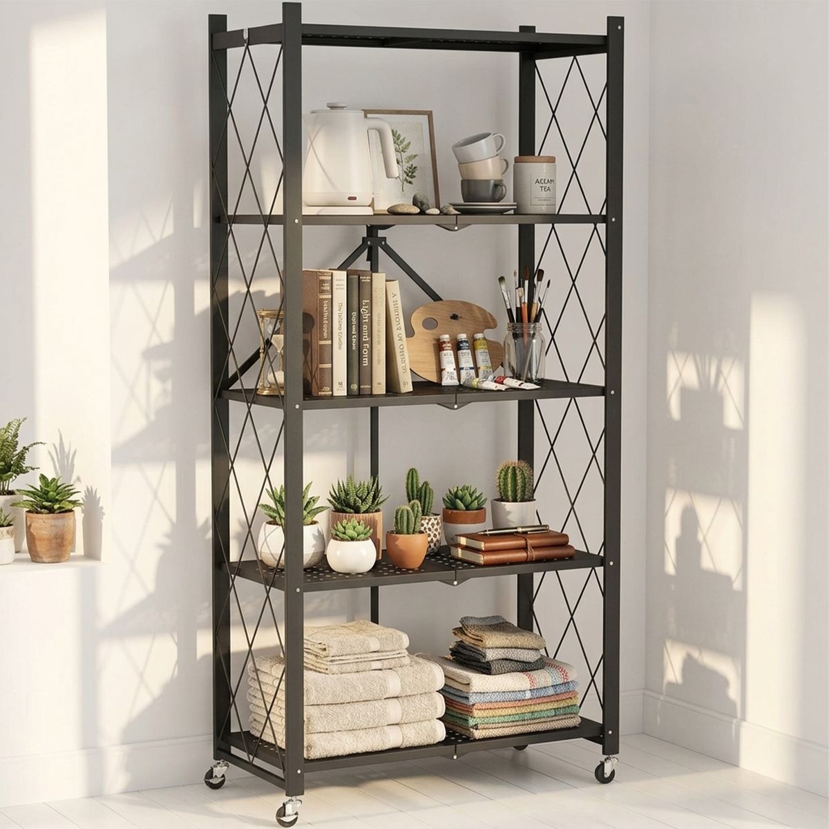 s-zoom.filetakealot-103271650-1.jpg Storage Shelves Pre-Assemble Folding Storage Rack Bookshelf Stand Cart - Image 1