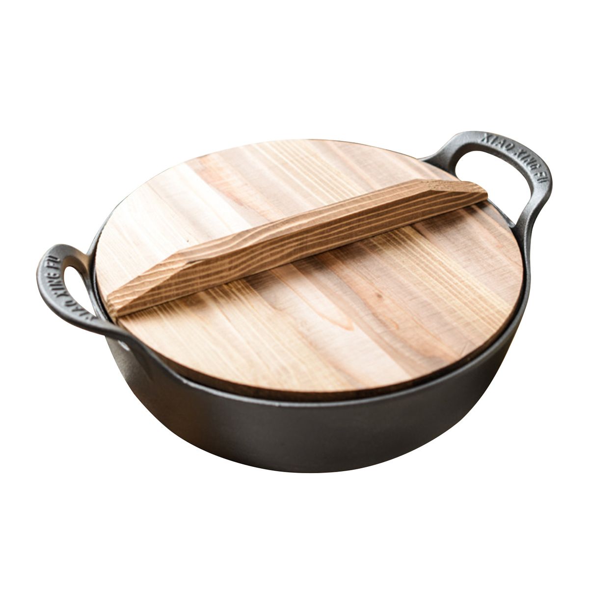 s-zoom.filetakealot-103271968-1.jpg Thick 30cm Cast Iron Wok Pot with Wooden Lid & 2 Handles - Image 1