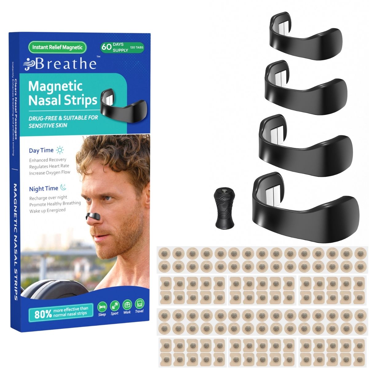 s-zoom.filetakealot-103344441-1.jpg Breathe Easy Magnetic Nasal Dilator Kit 120 Tabs Sleep & Sport Aid - Image 1