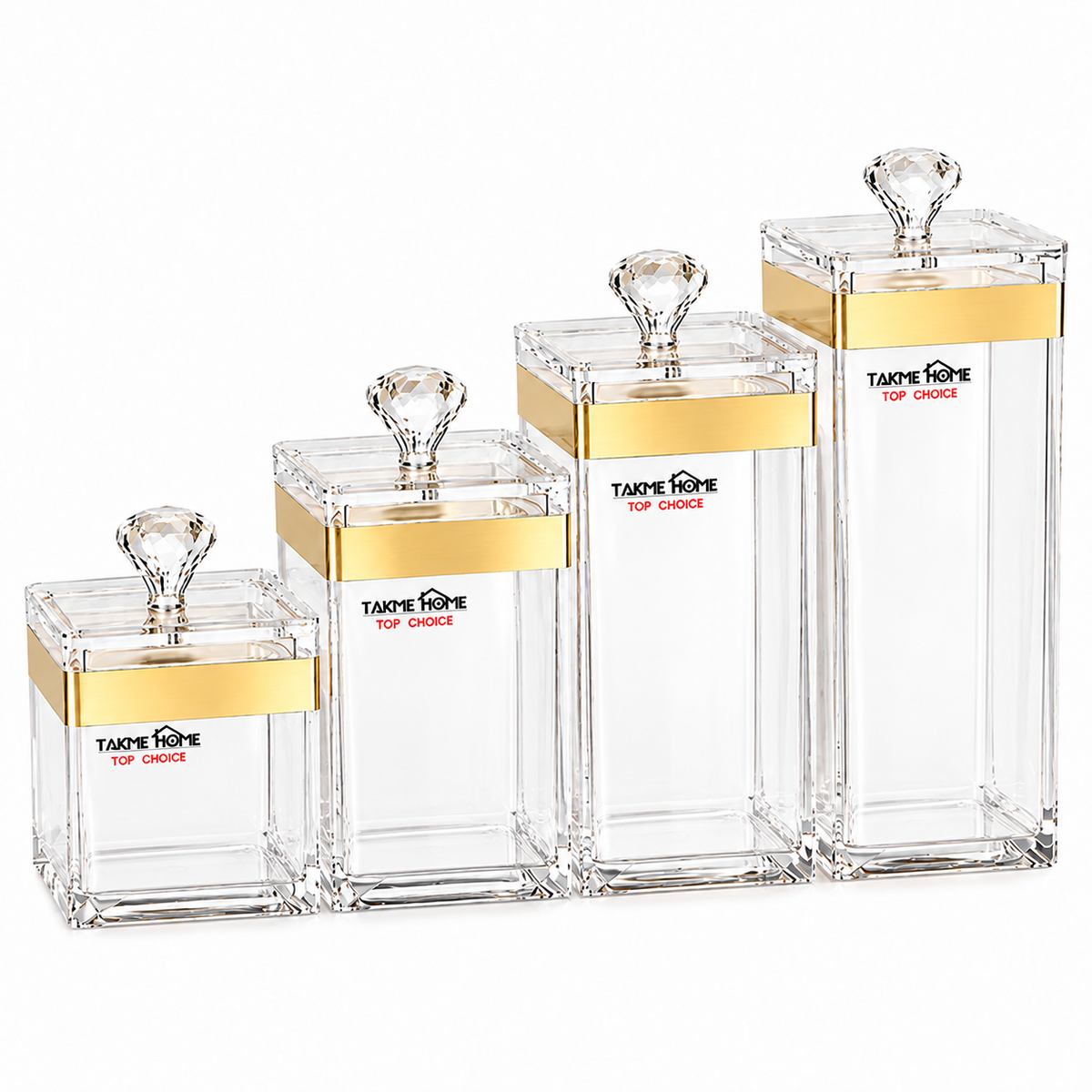 s-zoom.filetakealot-103713181-1.png Takme Home Clear Acrylic Storage Canister Set with Gold Trim Lids - 4 Piece - Image 1