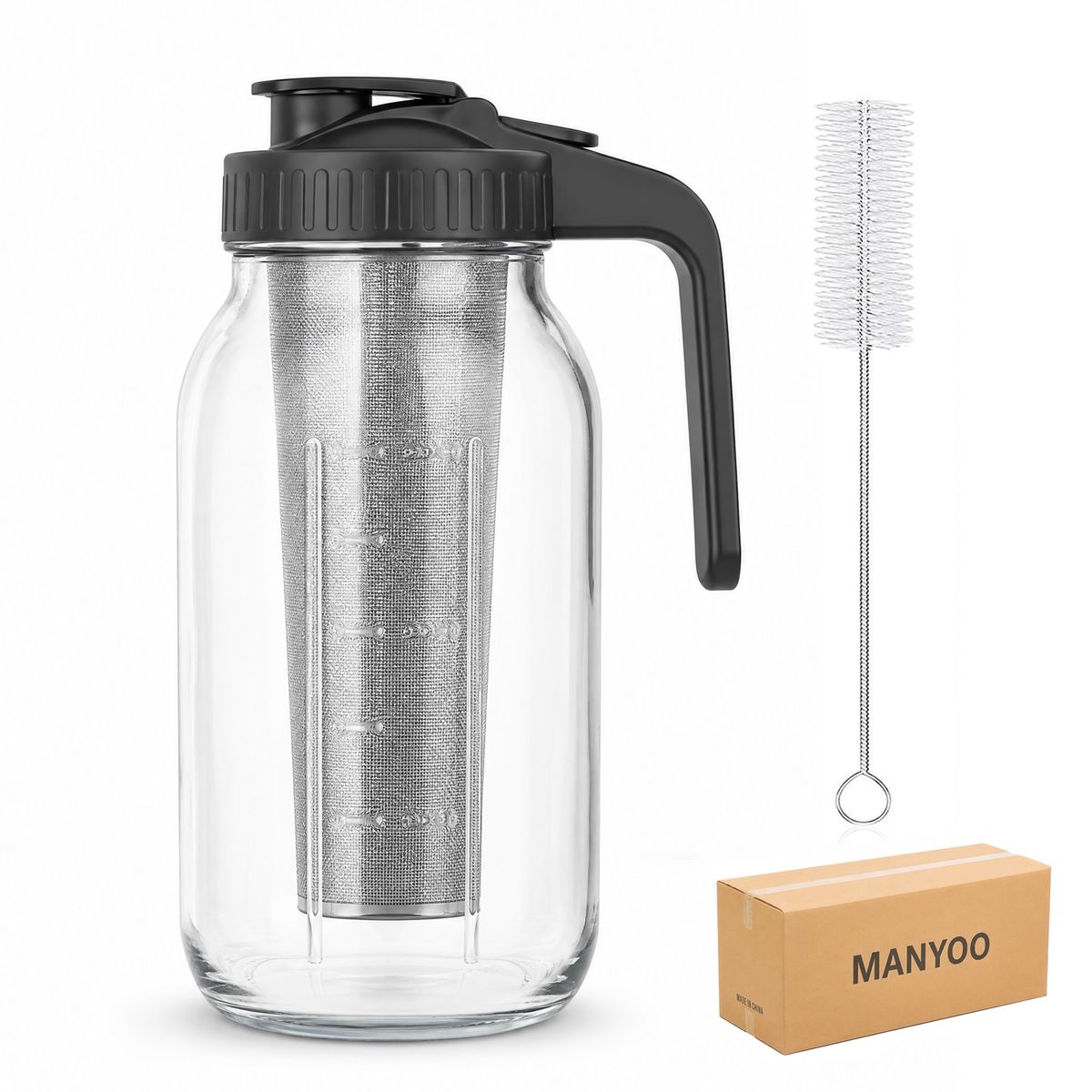 s-zoom.filetakealot-103715172-1.jpg MANYOO 64oz Glass Mason Jar Pitcher with Infuser, Handle & Measuring Marks - Image 1
