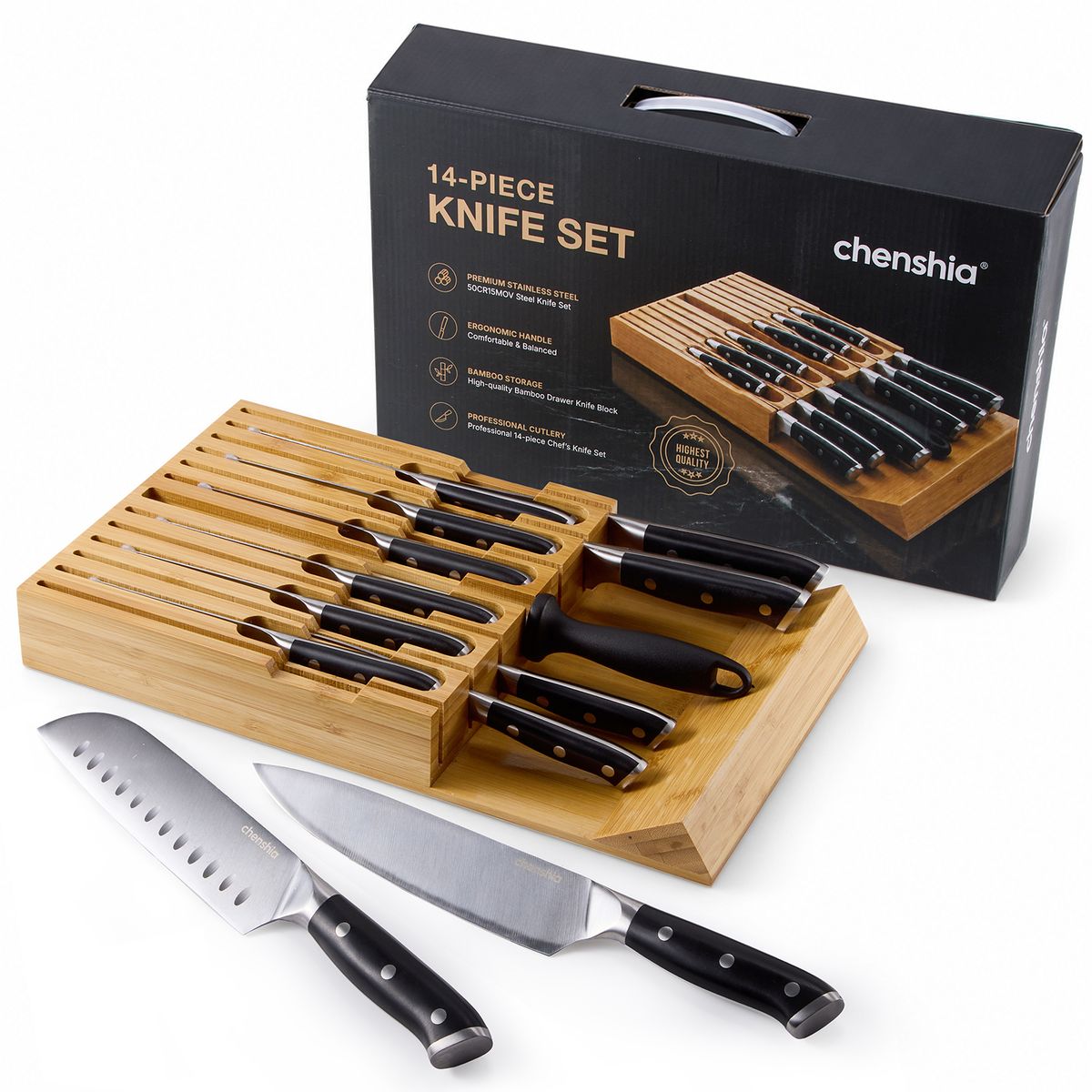 s-zoom.filetakealot-103765485-1.jpg Chenshia 14Pc Kitchen Knife Set & Bamboo Drawer Block,Sharp Stainless Blade - Image 1