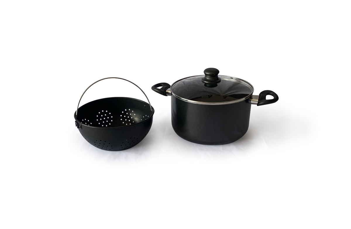 s-zoom.filetakealot-72105173-1.png Real Chef Non-Stick 24cm Black Deep Casserole Pot with Built-in Strainer - Image 1