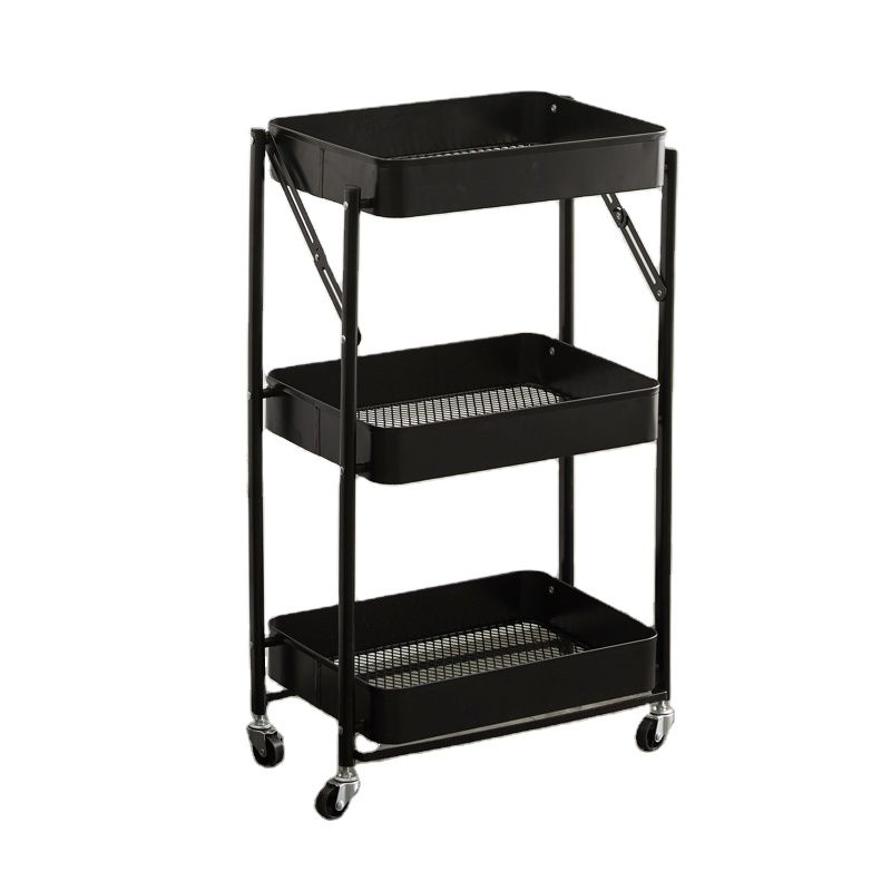 s-zoom.filetakealot-72930737-1.jpg 3 Layer Folding Trolley Storage Utility Cart Organizer Tray - Black - Image 1