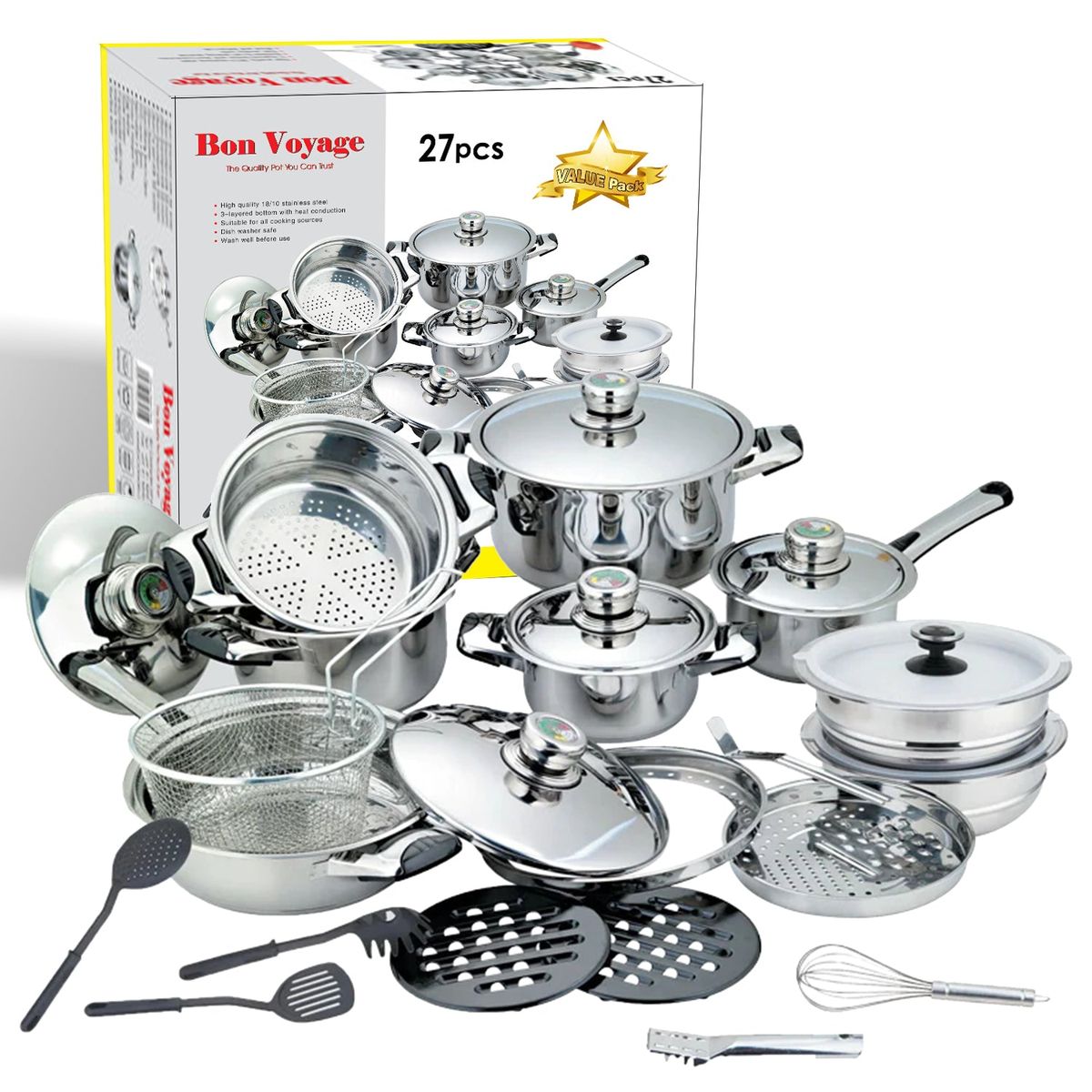 s-zoom.filetakealot-91548026-1.jpg Bon Voyage - 27 Pieces stainless steel cookware Heavy Bottom Pots Set - Image 1