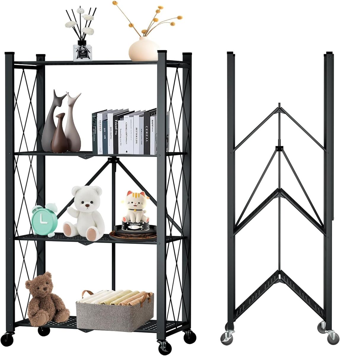 s-zoom.filetakealot-94493198-1.jpg 4 Tier Folding Storage Shelf Metal Organizing Rack with Wheels - Image 1
