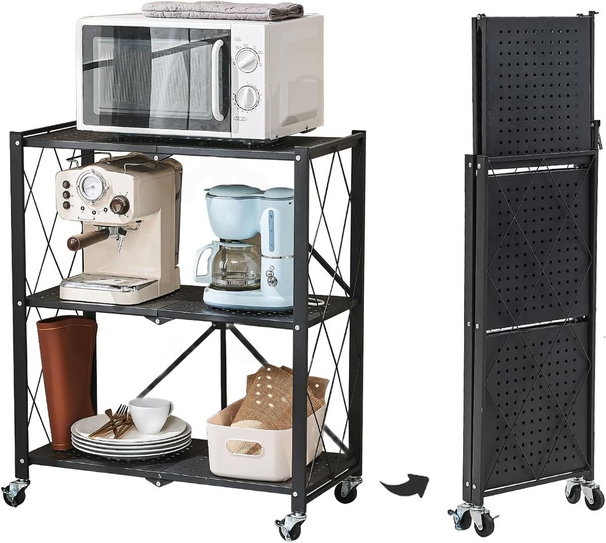 s-zoom.filetakealot-94768027-1.jpg Foldable Ladder Shelf Metal 3 Tier Storage Rack Organizer Trolley Wheels - Image 1