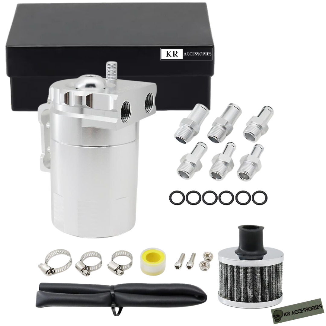 s-zoom.filetakealot-95578244-1.png KR Automotive Oil Catch Can with Filter: Silver (300ml) - Image 1