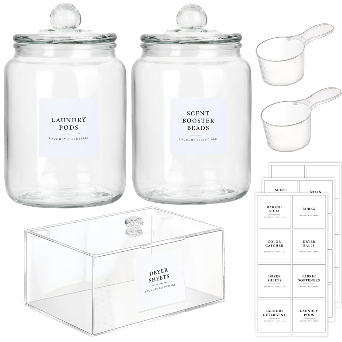s-zoom.filetakealot-95881166-1.png Glass Jars & Dryer Sheet Holder Laundry Room Organisation With Lid, Labels - Image 1