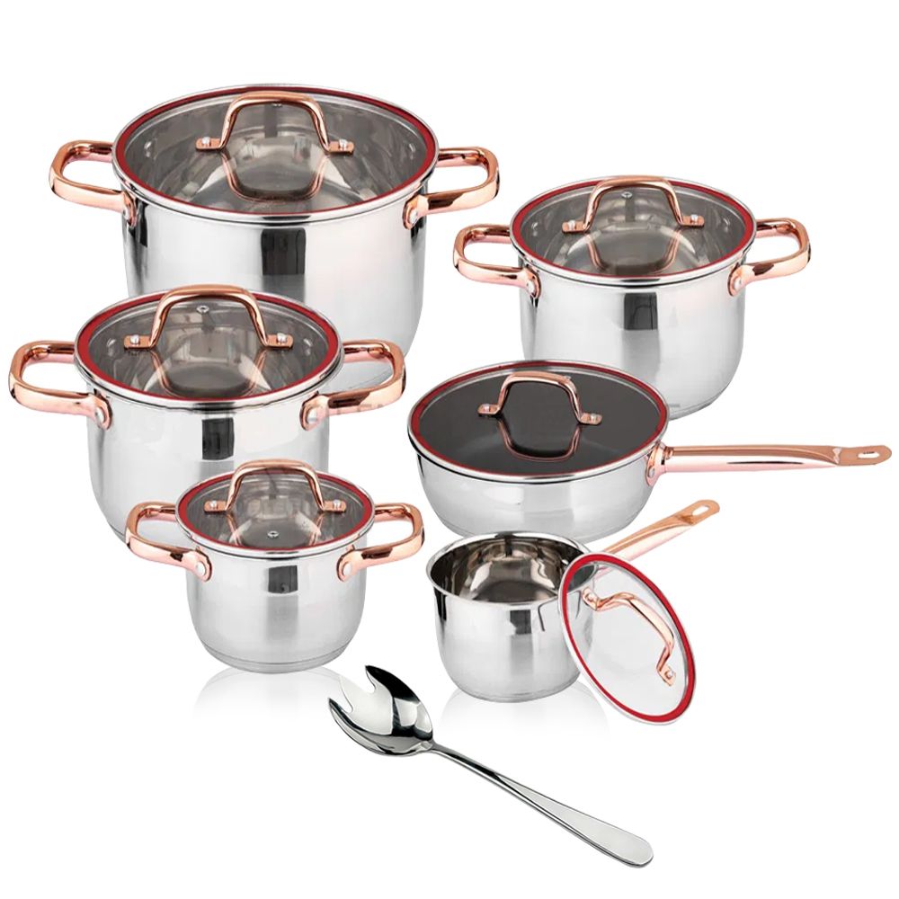 s-zoom.filetakealot-96244901-1.jpg 13Pieces - Premium Stainless Steel Pots Set with Rose Gold Handle & Glass Lid - Image 1