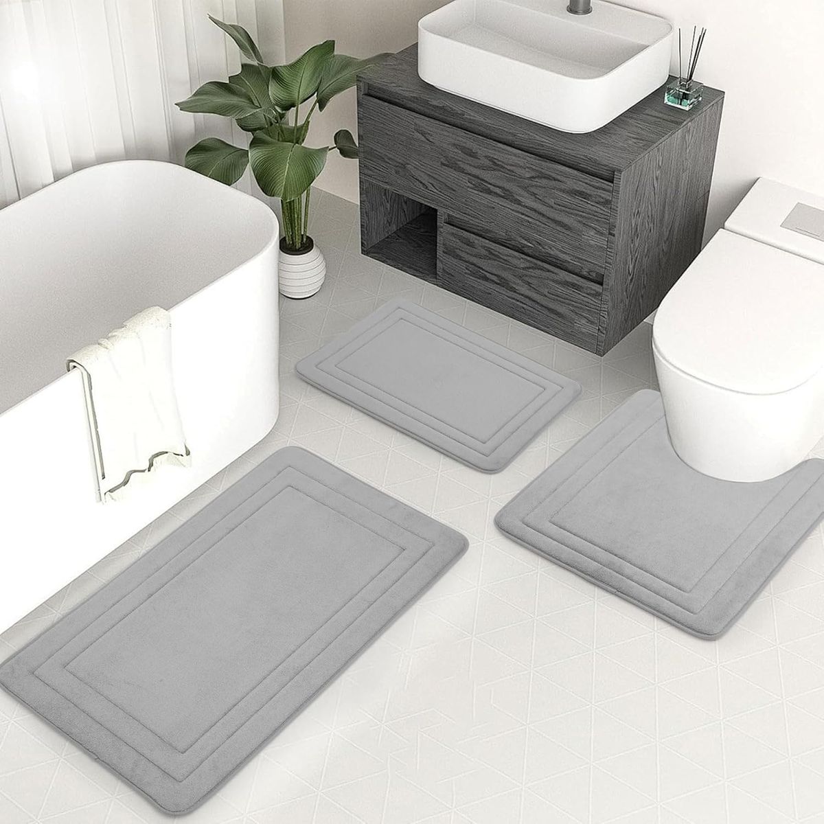 s-zoom.filetakealot-99280660-1.jpg Redisson 3 Piece Bath Mat Sets-Grey Bathroom Rugs Set Non-Slip Washable - Image 1